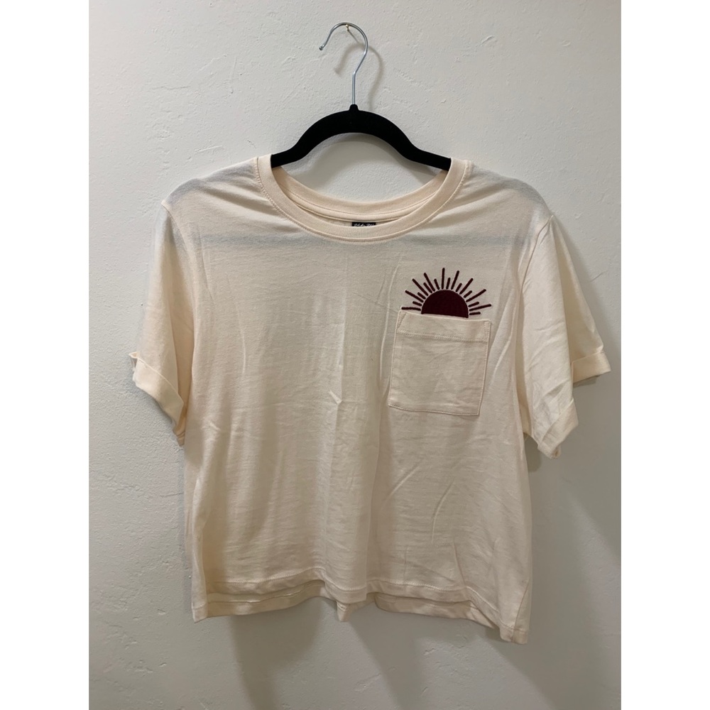 Cream T-Shirt with Maroon Sun and Print on Back